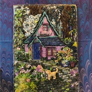 Beaded Cottage Art with Dog